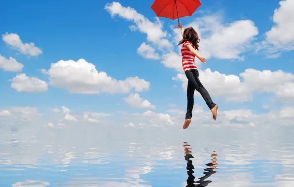 Picture water, girl, clouds, reflection, umbrella, flight