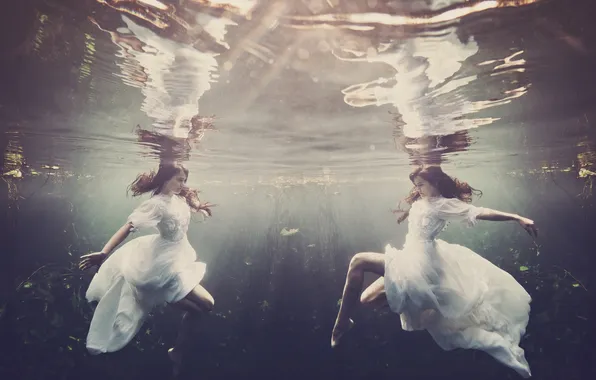 Girl, brown hair, under water, underwater