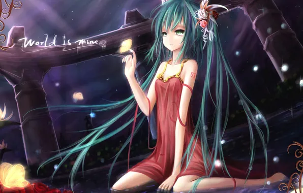 Water, butterfly, flowers, night, Hatsune Miku, Vocaloid