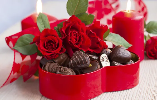 Love, flowers, holiday, heart, chocolate, roses, bouquet, candles