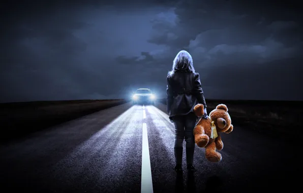 Road, machine, girl, night, lights, Teddy bear