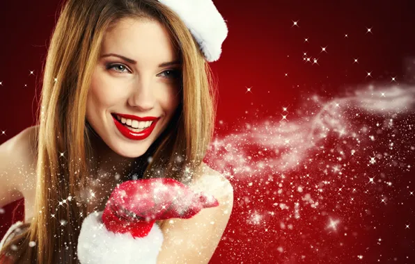 Picture girl, snowflakes, smile, holiday, hand, New Year, maiden, brown hair