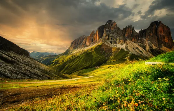 Greens, field, summer, the sky, clouds, mountains, rocks, the slopes