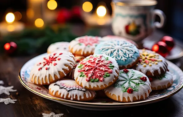 Snowflakes, lights, table, cookies, plate, Christmas, mug, New year