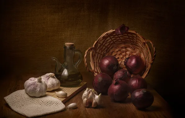 Table, bow, still life, basket, burlap, garlic, bottle, vegetable oil