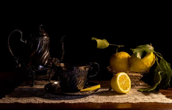 Leaves, light, the dark background, table, tea, kettle, the tea party, mug