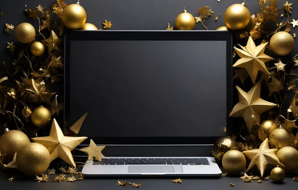 Computer, stars, balls, the dark background, table, gold, Shine, sequins