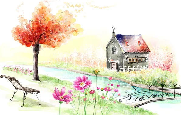 Landscape, flowers, bench, bridge, house, river, tree, figure