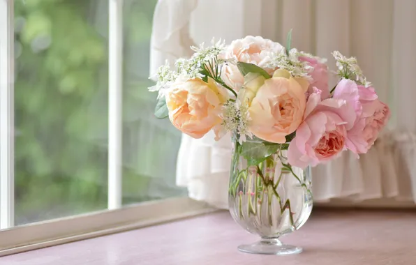 Wallpaper style, tenderness, roses, bouquet, window for mobile and ...