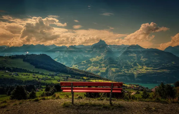 Picture the sky, clouds, mountains, Switzerland, bench, Canton of St. Gallen, Amden