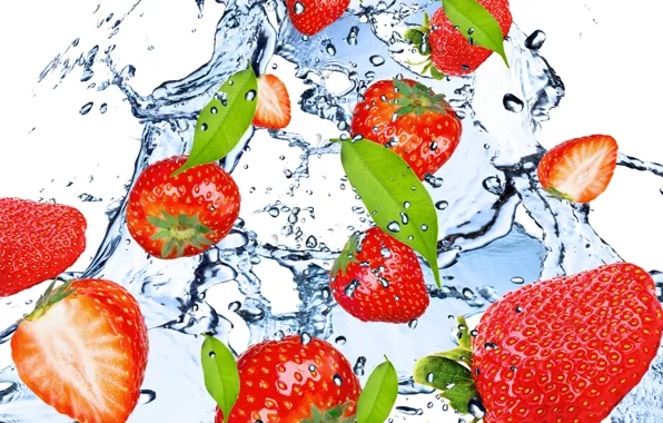 Picture water, drops, squirt, freshness, berry, strawberry, berry, red