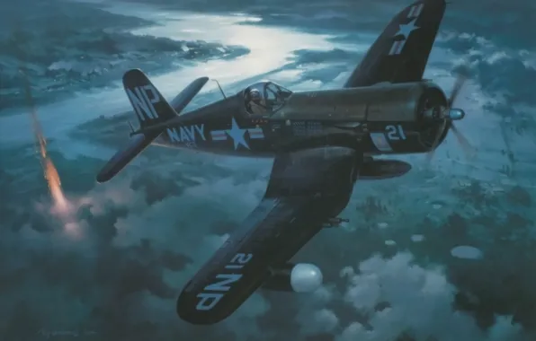 Picture aircraft, war, art, painting, aviation, ww2, Vought F4U Corsair, pacific fighter