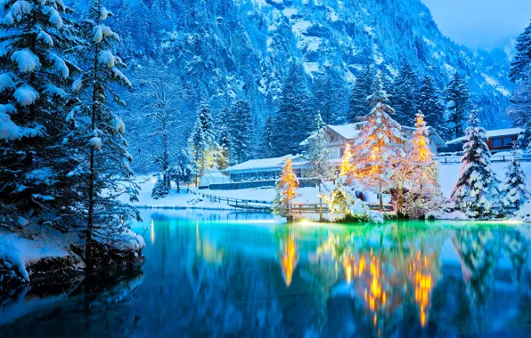 Winter, snow, trees, landscape, mountains, nature, lake, reflection