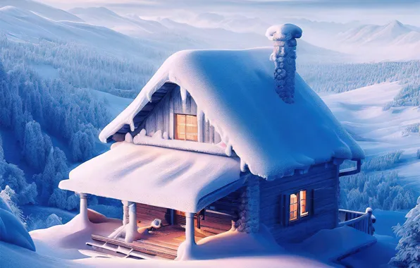Winter, snow, nature, house, the snow, house, AI art, neural network