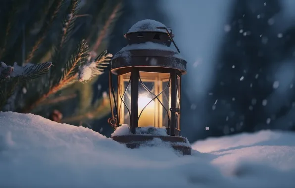 Winter, light, snow, night, candle, Christmas, flashlight, lantern
