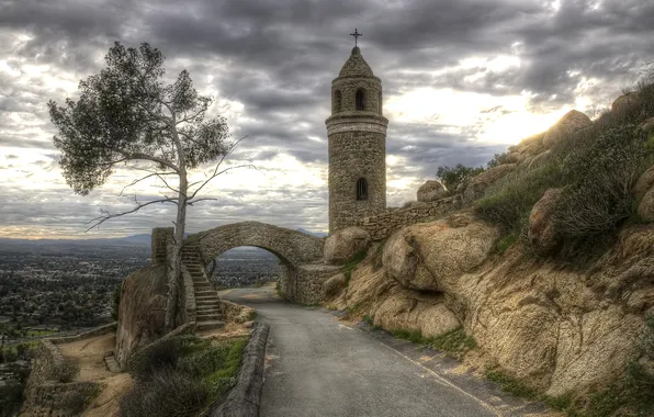 The sky, clouds, mountains, bridge, tower, valley, hdr, california