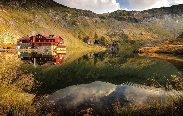 Forest, landscape, mountains, nature, lake, house, reflection