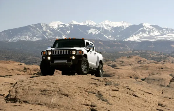 Picture white, the sky, mountains, rocks, jeep, SUV, Hammer, pickup