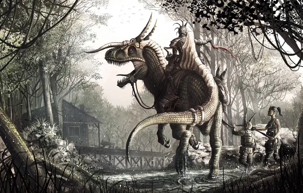 Picture house, dinosaur, armor, Forest, spikes, horns, riders, pond