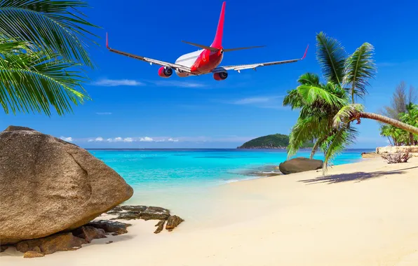 Picture sea, beach, tropics, The plane, beach, sea, tropics, flying over the island