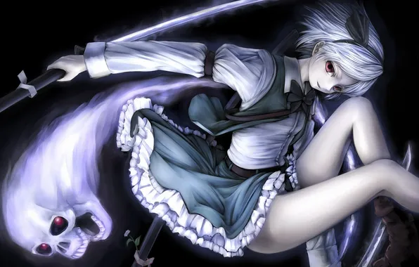 Flower, girl, skull, spirit, sword, red eyes, touhou, konpaku youmu