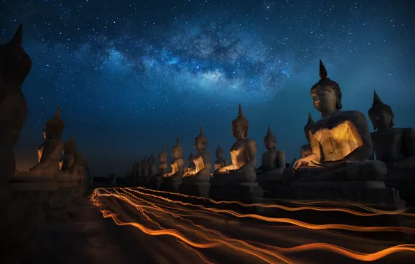 Thailand, sky, night, Candly festival, Buddha statue
