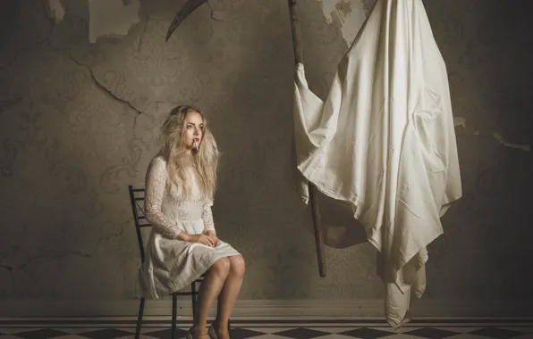 Wallpaper girl, death, fantasy, dress, cigarette, braid, Nightmare that Follows, Petri Damstén