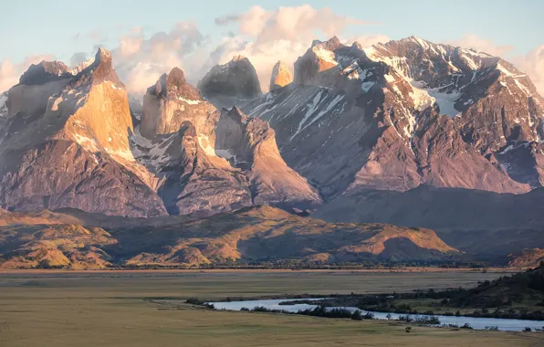 Picture field, clouds, mountains, stream, Argentina, Patagonia