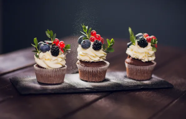 Berries, decoration, cake, cupcakes, powdered sugar, Vershinin