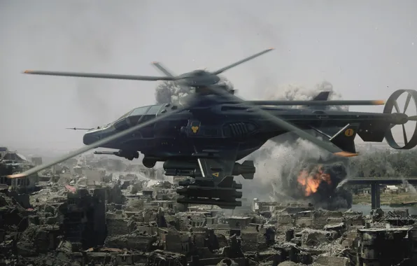 Helicopter, ruins, Military helicopter