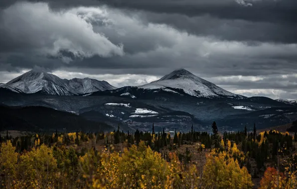 Autumn, forest, clouds, snow, mountains, clouds, overcast, hills