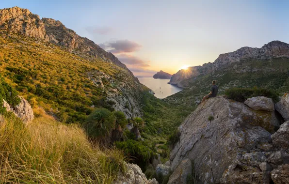 Sea, landscape, sunset, mountains, nature, rocks, vegetation, Bay