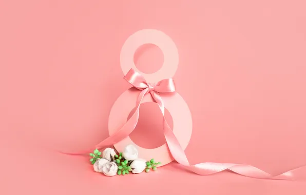 Flowers, roses, figure, tape, happy, pink background, March 8, pink