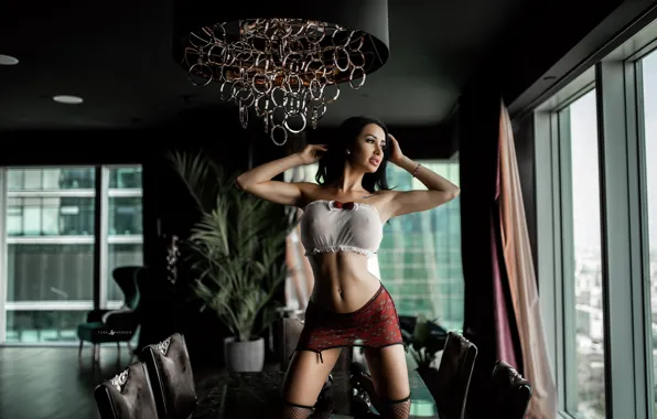 Chest, model, body, Windows, chairs, plants, stockings, makeup
