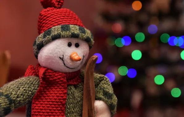 Winter, lights, background, holiday, hat, toy, ski, scarf