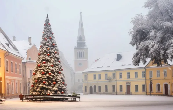 Winter, snow, decoration, night, the city, balls, street, tree