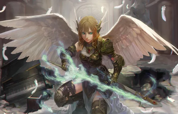 Picture girl, angel, sword, art