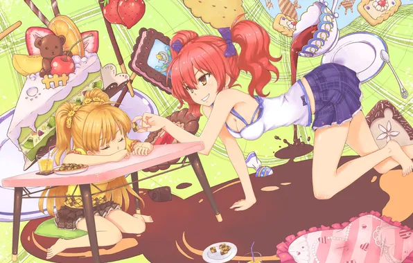Girl, table, tea, sleep, cookies, strawberry, bear, girl