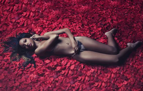 BACKGROUND, BODY, PETALS, RED, BRUNETTE, FLOWERS, MULATTO