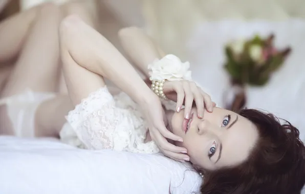 Eyes, look, lips, beauty, bed, lace, view, lying