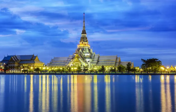 Water, lights, temple, Thailand, Thailand, promenade, Chachoengsao Province, Sothorn Temple