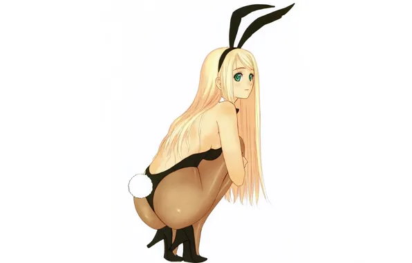 Picture blonde, neckline, white background, corset, ponytail, squats, Bunny Playboy, rabbit ears