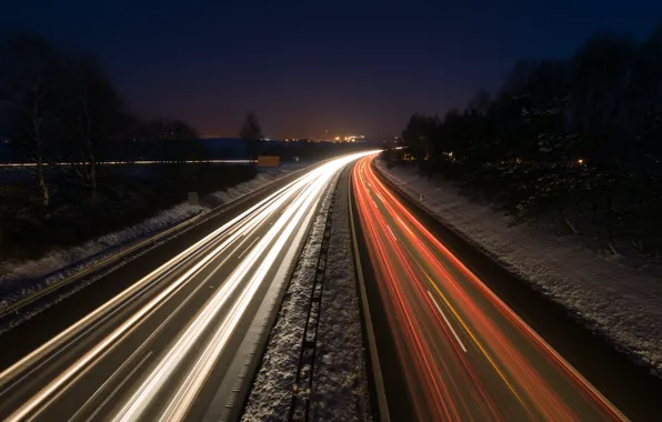 City, Sky, Winter, Lights, Night, Snow, Trees, Highway