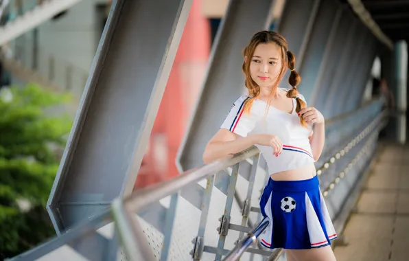 Girl, skirt, t-shirt, railings, braids, Asian, bokeh