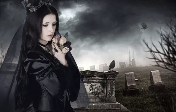 Girl, graves, cemetery