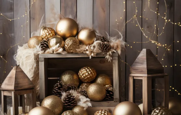 Balls, gold, Board, Christmas, New year, gold plated, gold, Christmas decorations