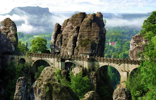 Picture hdr, panorama, Germany, multi monitors, Germany, ultra hd, bastei bridge, mountains the Elbe
