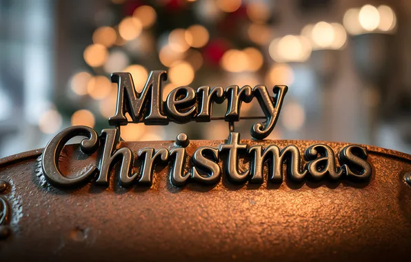 Metal, lights, the inscription, Christmas, New year, congratulations, bokeh, Merry Christmas