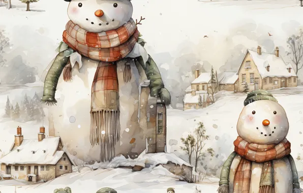 Winter, snow, Christmas, New year, snowmen, snowman, AI art, neural network