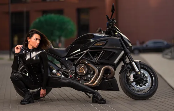 Girl, pose, motorcycle, latex, Ducati, Ilya Pistols, Natalia Zaitseva